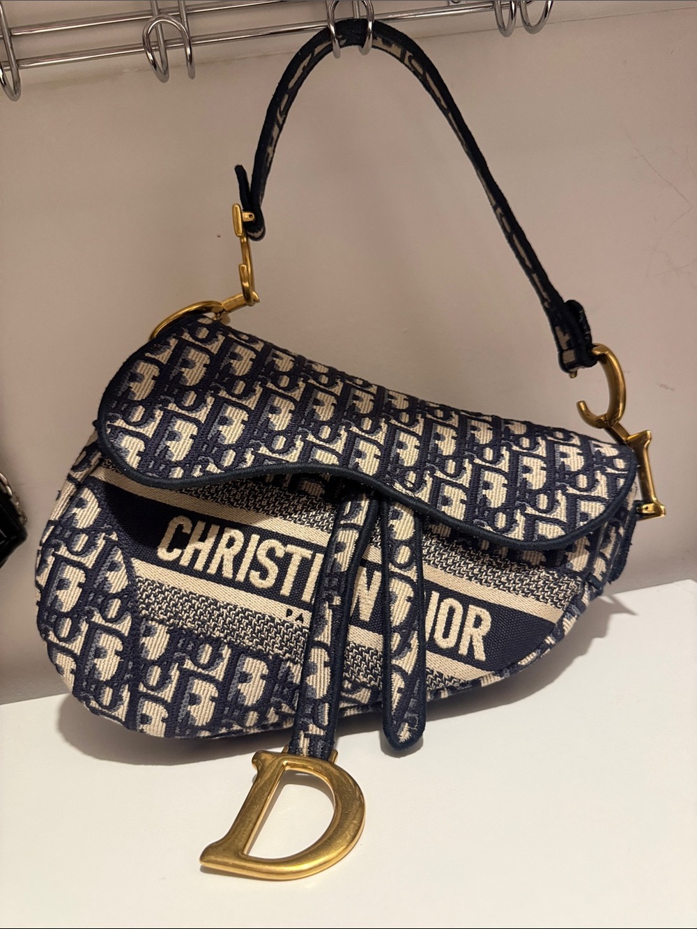 Dior Navy & Cream Oblique Saddle Shoulder Bag with Gold 'D' Charm